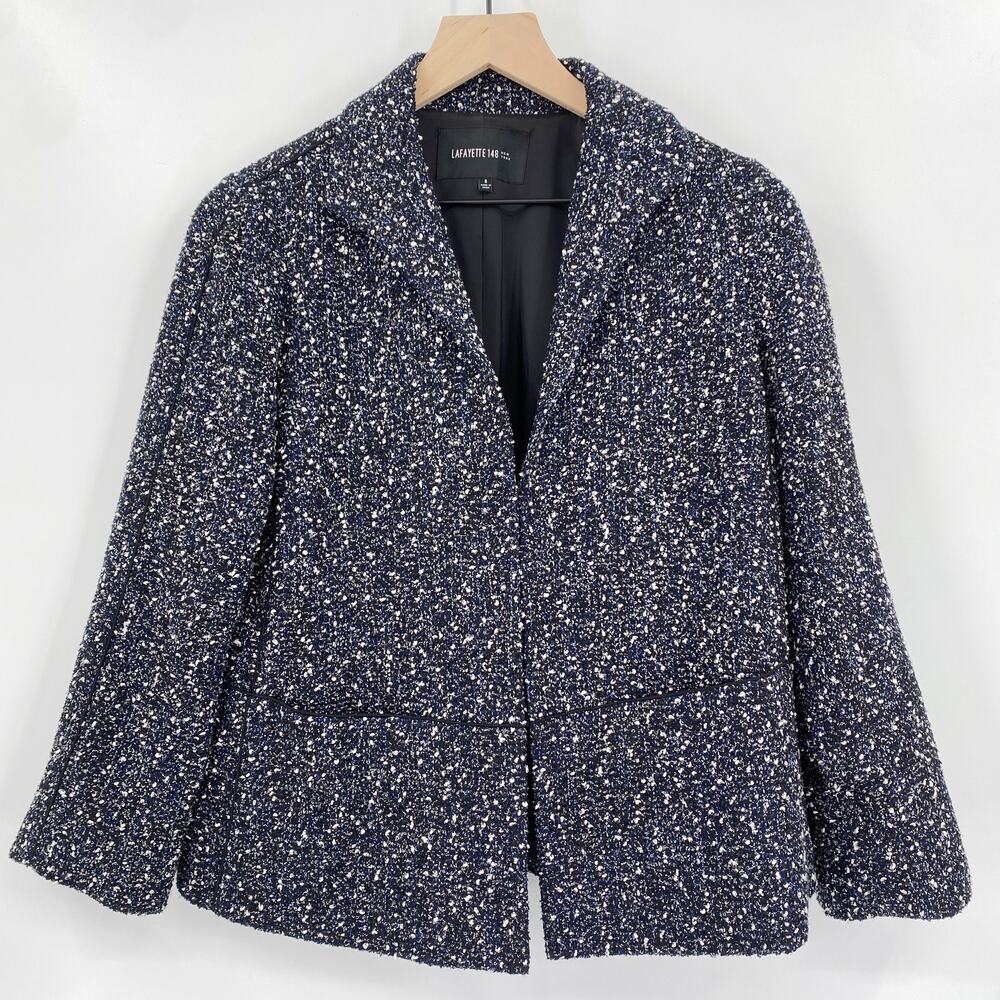 Lafayette 148 Tweed Boucle‎ Wool Blend Blazer Jacket Black Blue White Size 6